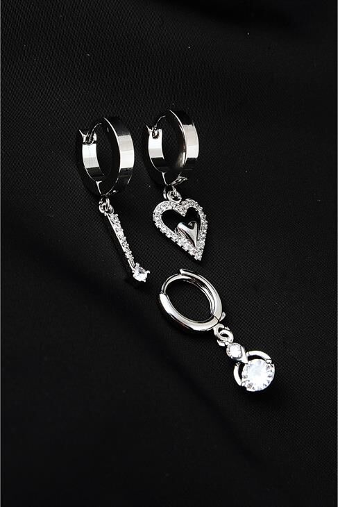 Kalp Tasarımlı Zirkon Taşlı 3 Adet Küpe Set