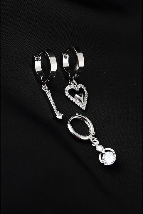 Kalp Tasarımlı Zirkon Taşlı 3 Adet Küpe Set