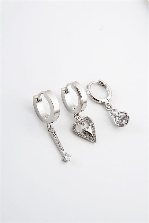 Kalp Tasarımlı Zirkon Taşlı 3 Adet Küpe Set