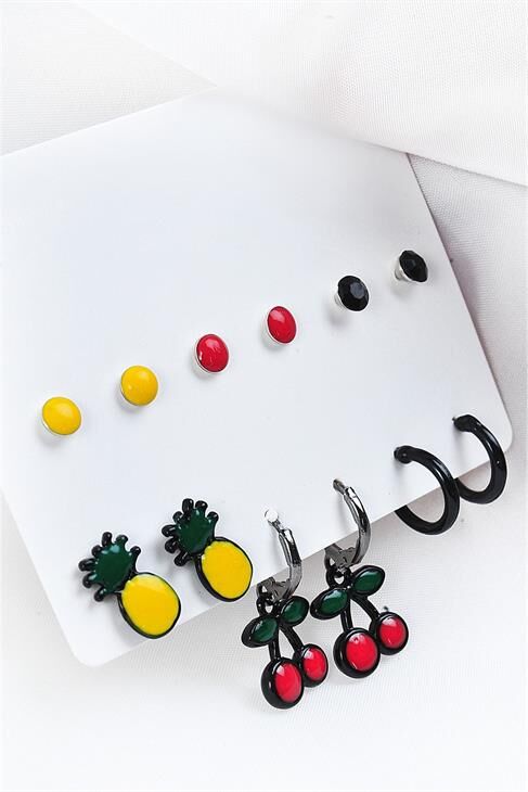 Kiraz Ve Ananas Tasarımlı Halka Ve Çok Renkli Top Küpeli 12li Küpe Seti