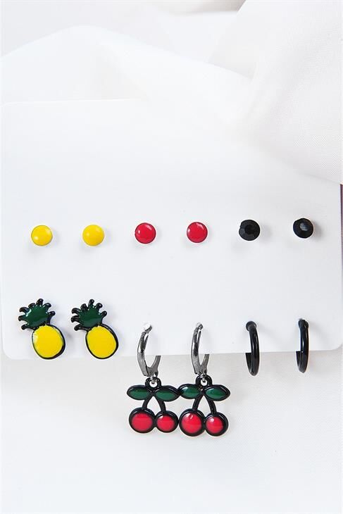 Kiraz Ve Ananas Tasarımlı Halka Ve Çok Renkli Top Küpeli 12li Küpe Seti