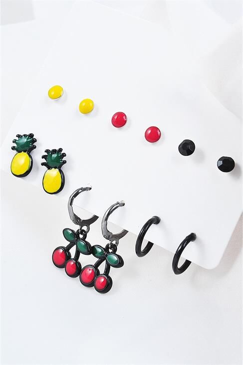 Kiraz Ve Ananas Tasarımlı Halka Ve Çok Renkli Top Küpeli 12li Küpe Seti