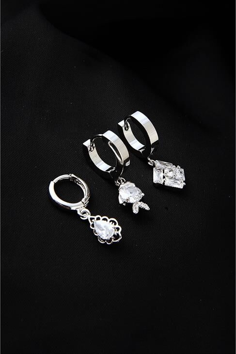 Gümüş Kaplamalı Çelik Özel Tasarımlı Zirkon Taşlı 3 Adet Küpe Set