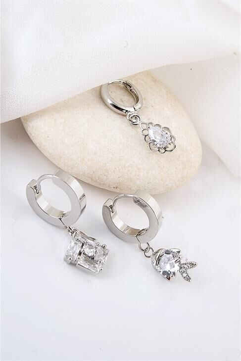 Gümüş Kaplamalı Çelik Özel Tasarımlı Zirkon Taşlı 3 Adet Küpe Set