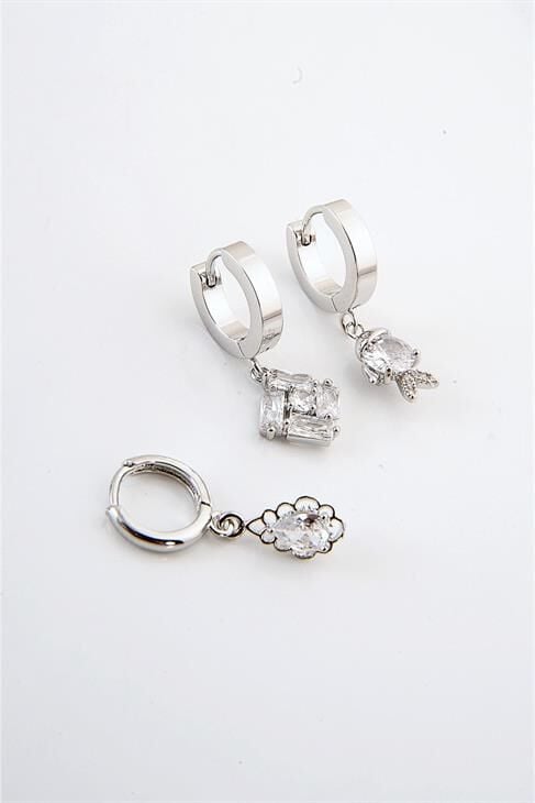 Gümüş Kaplamalı Çelik Özel Tasarımlı Zirkon Taşlı 3 Adet Küpe Set