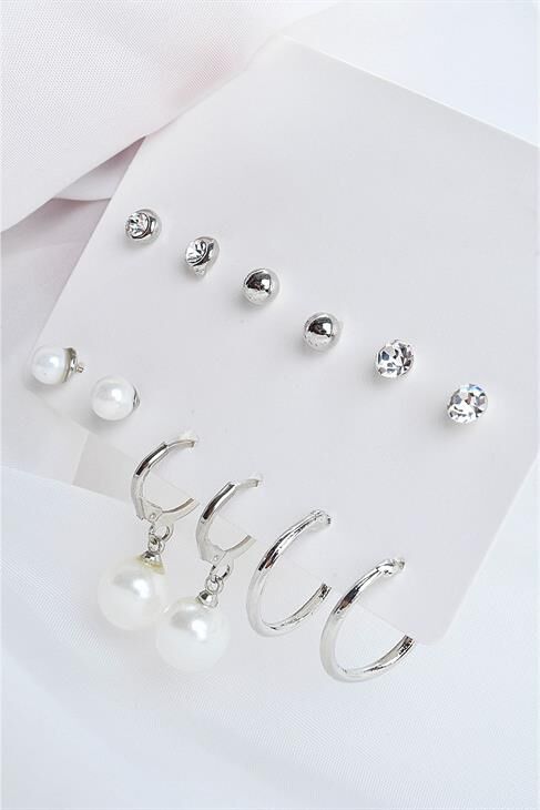 Sallantılı Incili Top Incili Ve Halka Küpeli Tektaşlı Top Küpeli 12li Küpe Seti