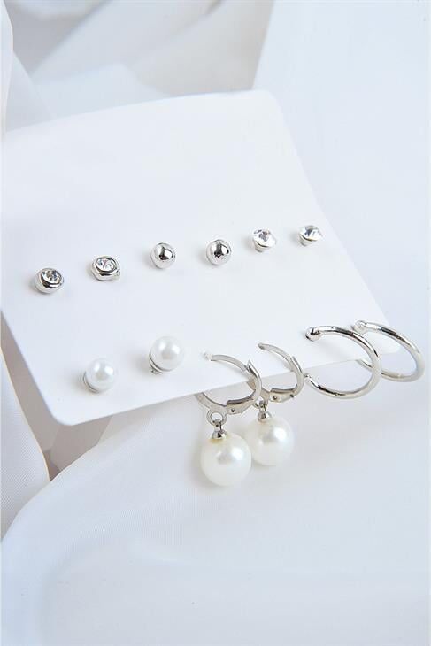 Sallantılı Incili Top Incili Ve Halka Küpeli Tektaşlı Top Küpeli 12li Küpe Seti