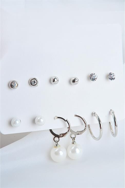 Sallantılı Incili Top Incili Ve Halka Küpeli Tektaşlı Top Küpeli 12li Küpe Seti