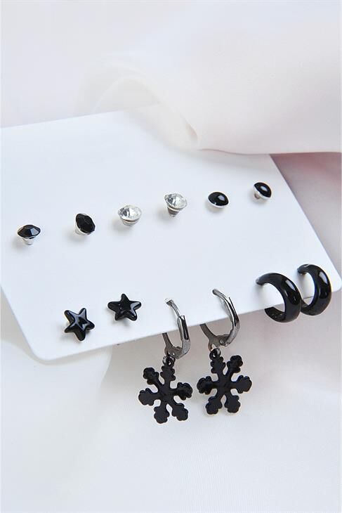 Kar Tanesi Yıldızlar Ve Halka Küpeli Tektaşlı Ve Siyah Top Küpeli 12li Küpe Seti