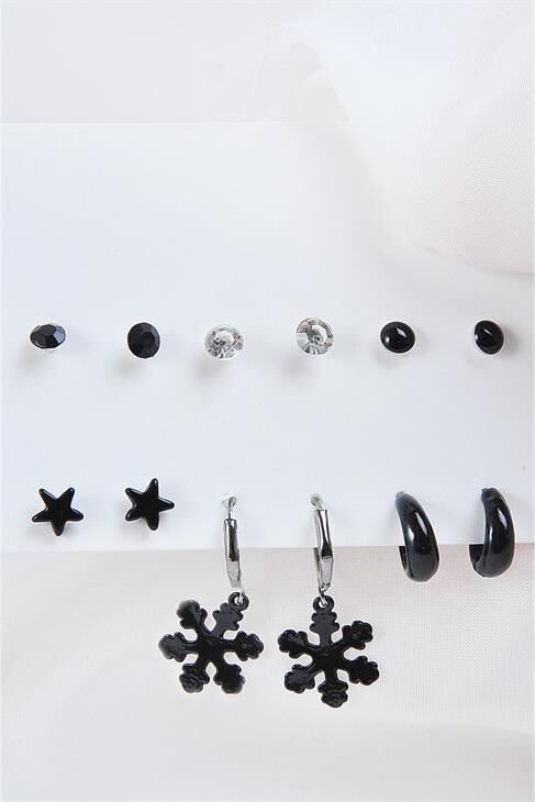 Kar Tanesi Yıldızlar Ve Halka Küpeli Tektaşlı Ve Siyah Top Küpeli 12li Küpe Seti