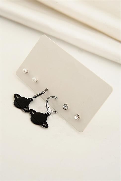 Satürn Gezegeni Tasarımlı Siyah Renkli Sallnatılı Unisex Küpe