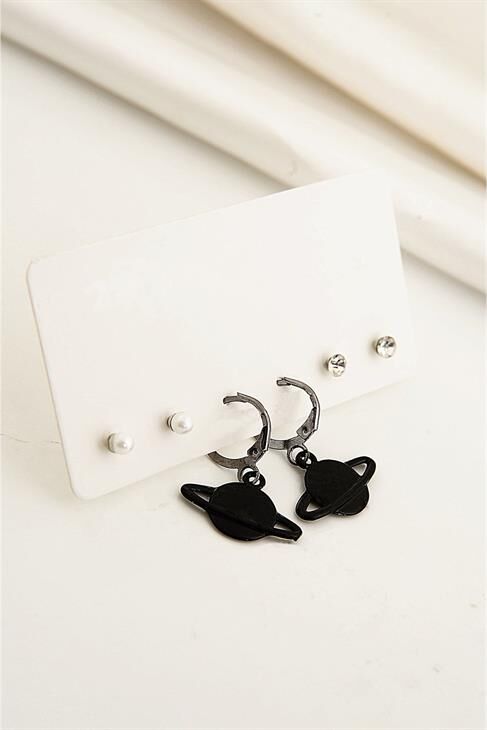 Satürn Gezegeni Tasarımlı Siyah Renkli Sallnatılı Unisex Küpe