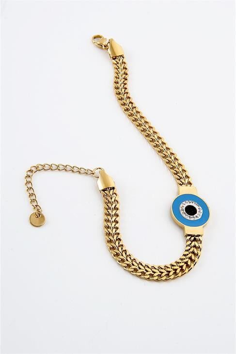 Çelik Nazar Boncuğu Tasarımlı Zirkon Taşlı Gold ve Gümüş Renkleri Bileklik