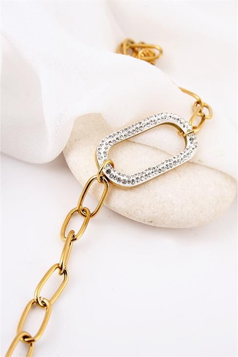 Çelik Özel Tasarımlı Zirkon Taşlı Gold Renk Bileklik