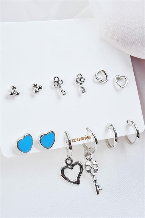 Kalp Ve Anahtar Tasarımlı Halka Ve Top Küpeli 12li Küpe Seti