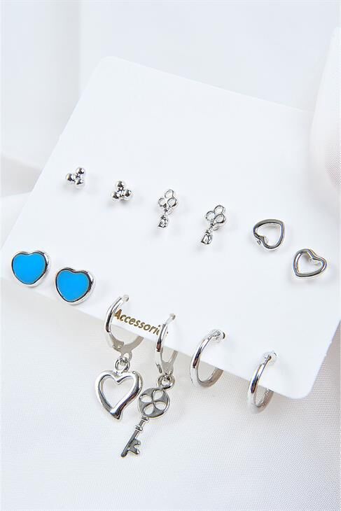 Kalp Ve Anahtar Tasarımlı Halka Ve Top Küpeli 12li Küpe Seti