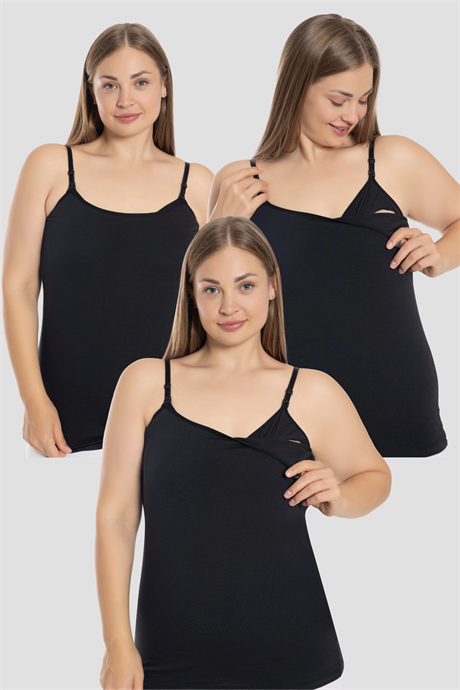 3 Adet Kadın Siyah Emzirme Atleti Pamuklu Likralı