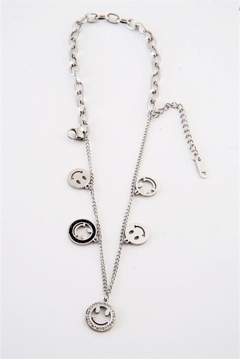 Çelik Gülen Yüz Tasarımlı Zirkon Taşlı Gümüş Renk Bileklik