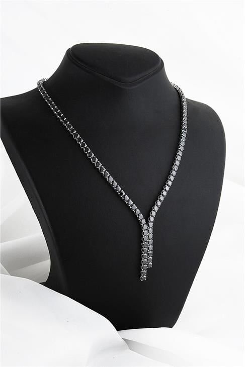 Özel Siyah Zirkonium Taşlı Kaplamalı Kolye Küpe Abiye Takım Seti