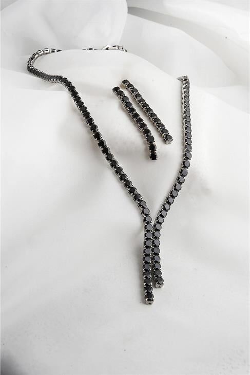 Özel Siyah Zirkonium Taşlı Kaplamalı Kolye Küpe Abiye Takım Seti