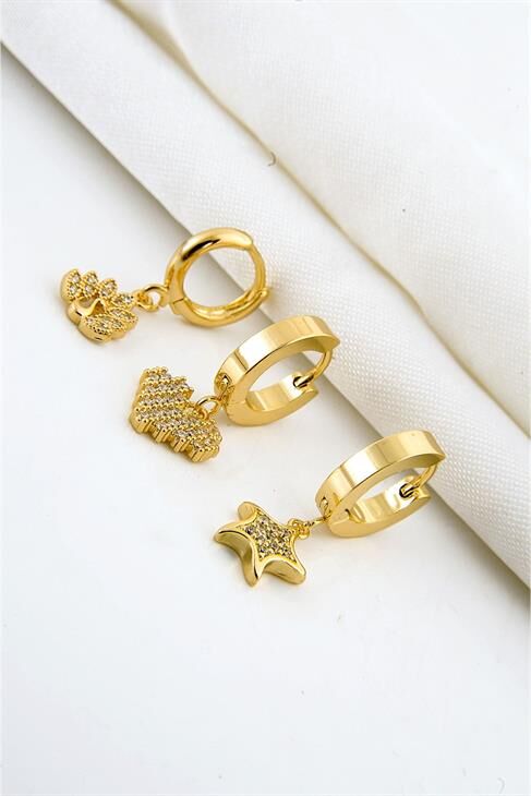 Çelik Kalp Yıldız ve Kuğu Tasarımlı Zirkon Taşlı 3 Adet Çelik Küpe Set