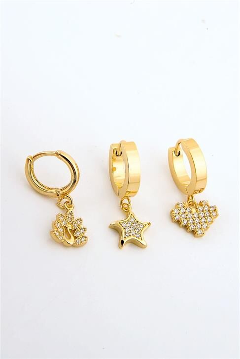 Çelik Kalp Yıldız ve Kuğu Tasarımlı Zirkon Taşlı 3 Adet Çelik Küpe Set