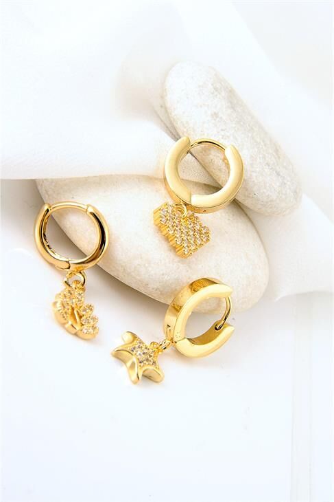 Çelik Kalp Yıldız ve Kuğu Tasarımlı Zirkon Taşlı 3 Adet Çelik Küpe Set