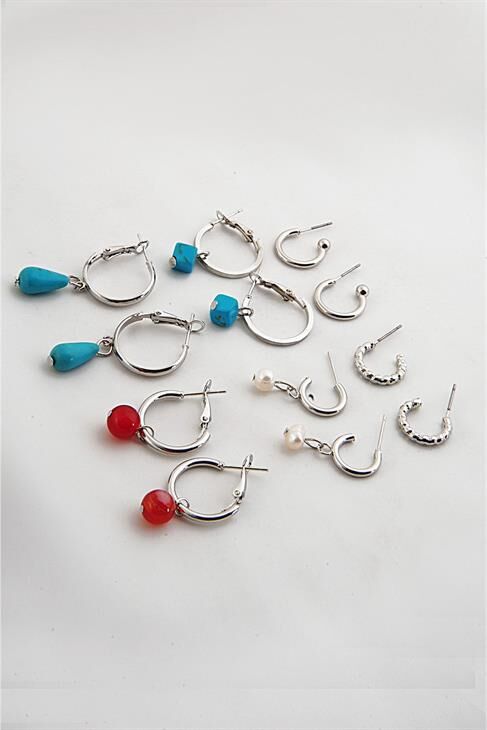 Turkuaz Boncuklu Düz Ve Kıvrımlı Halk Tasarımlı 12li Küpe Seti