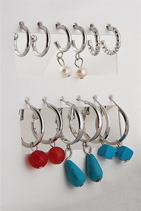 Turkuaz Boncuklu Düz Ve Kıvrımlı Halk Tasarımlı 12li Küpe Seti