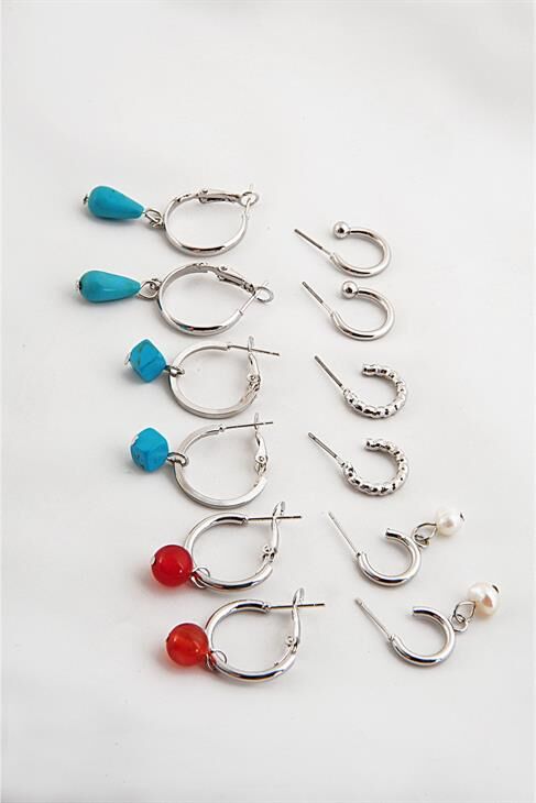 Turkuaz Boncuklu Düz Ve Kıvrımlı Halk Tasarımlı 12li Küpe Seti