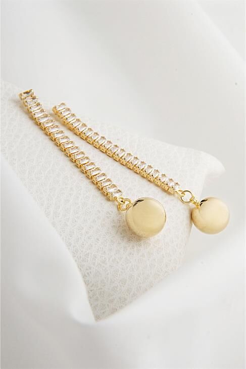 Baget Zirkonium Taşlı Gold Renkli Uzun Vidalı Sallantılı Küpe