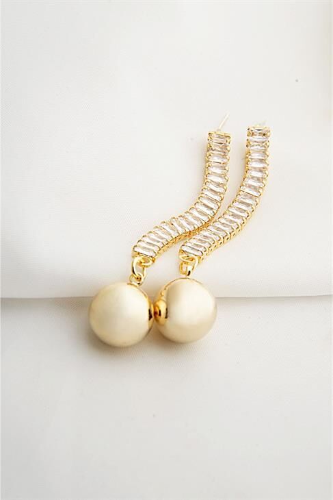 Baget Zirkonium Taşlı Gold Renkli Uzun Vidalı Sallantılı Küpe