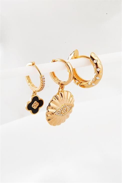 Göz Ve Çiçek Tasarımlı Halka Küpeli Gold Renkli Kancalı Sallantılı Küpe