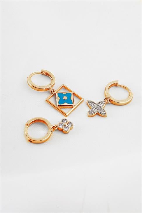 3 Model Çiçekli Zirkonium Taşlı Gold Renkli Kancalı Sallantılı Küpe