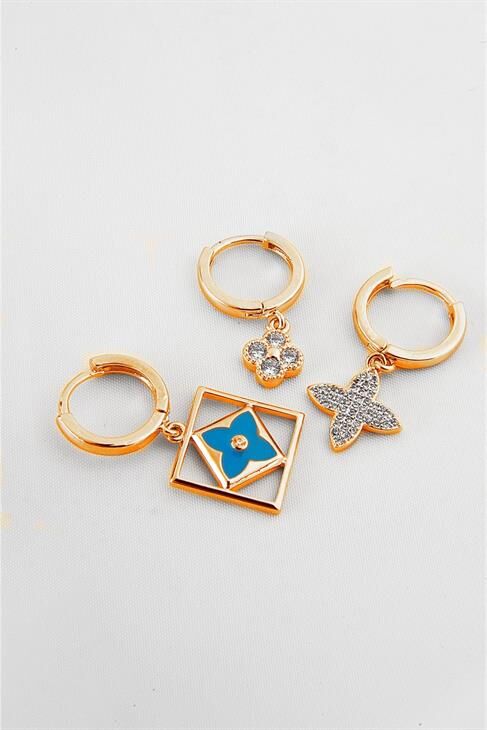 3 Model Çiçekli Zirkonium Taşlı Gold Renkli Kancalı Sallantılı Küpe