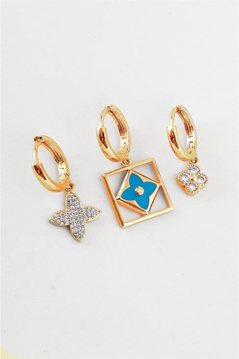 3 Model Çiçekli Zirkonium Taşlı Gold Renkli Kancalı Sallantılı Küpe