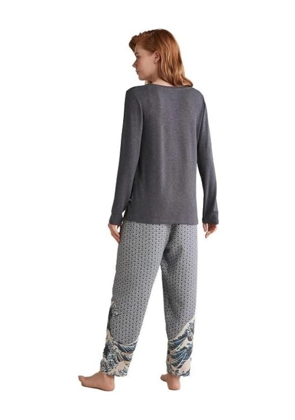 Nautıca W618 Kadın Patlı V Yaka Uzun Kollu Pijama Takımı