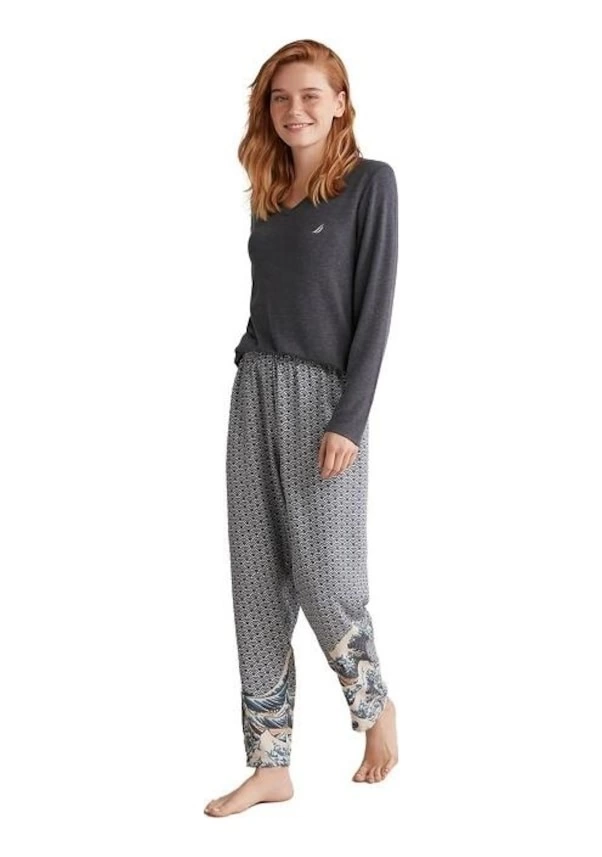 Nautıca W618 Kadın Patlı V Yaka Uzun Kollu Pijama Takımı