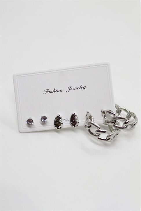 Özel Tasarımlı Halka ve Tektaş Zirkon Küpeli 3lü Küpe Seti