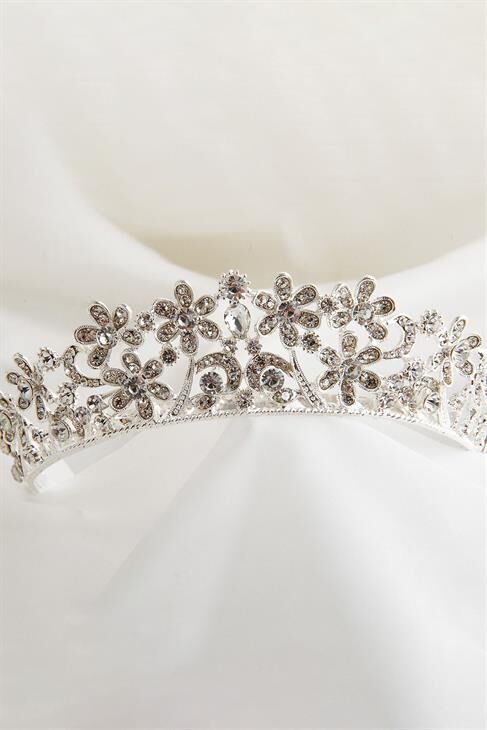 Zirkon Taşlı Çiçek Figürlü Gümüş Kaplamalı Gelinlik Tacı