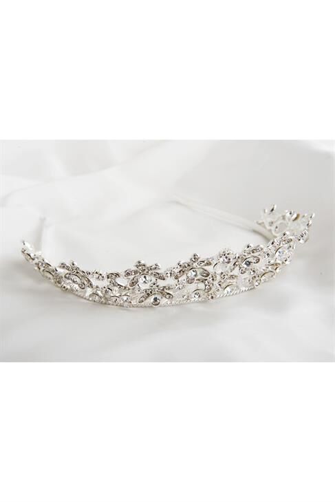 Zirkon Taşlı Çiçek Figürlü Gümüş Kaplamalı Gelinlik Tacı