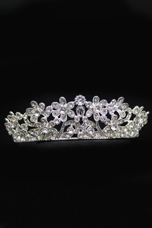 Zirkon Taşlı Çiçek Figürlü Gümüş Kaplamalı Gelinlik Tacı