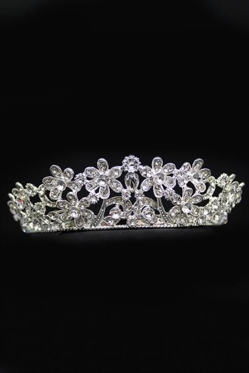 Zirkon Taşlı Çiçek Figürlü Gümüş Kaplamalı Gelinlik Tacı