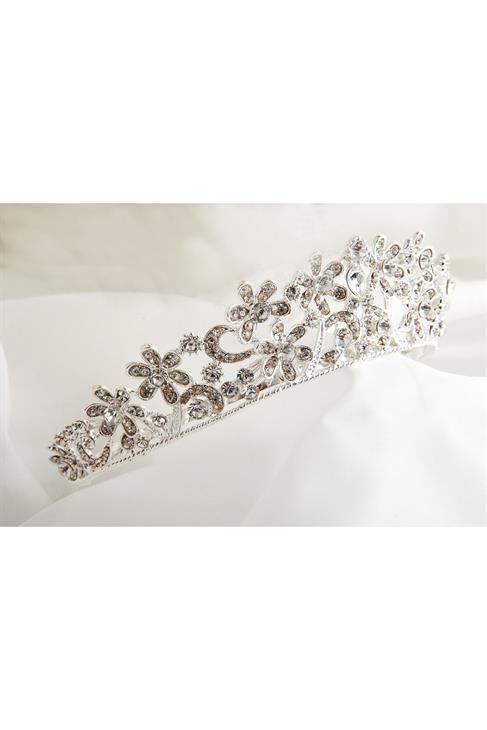 Zirkon Taşlı Çiçek Figürlü Gümüş Kaplamalı Gelinlik Tacı