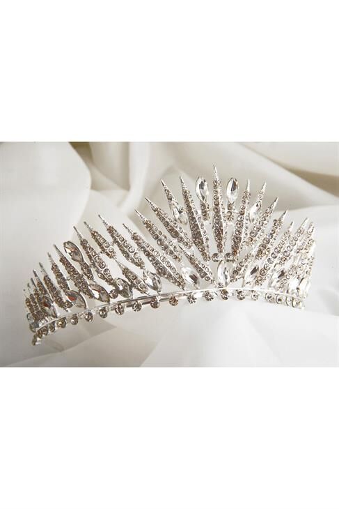 Zirkon Taşlı Gümüş Kaplamalı Gelinlik Tacı
