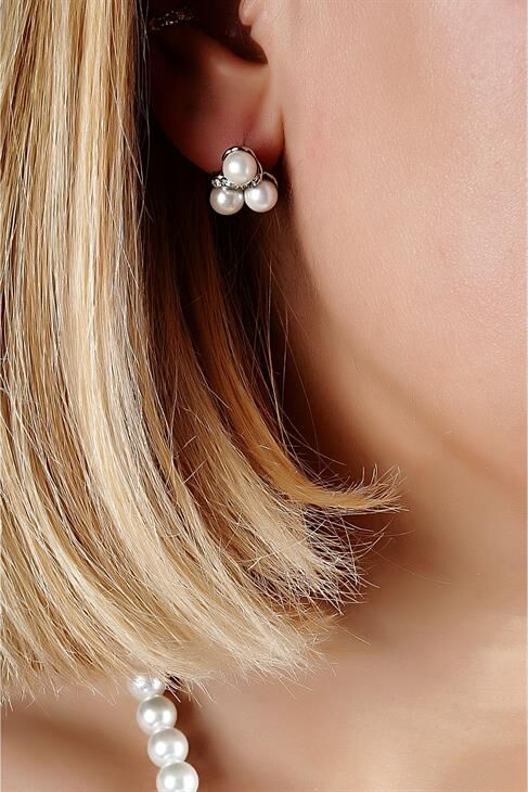 Özel Tasarımlı Inci Ve Zirkon Taşlı Kolye Küpe Takı Set