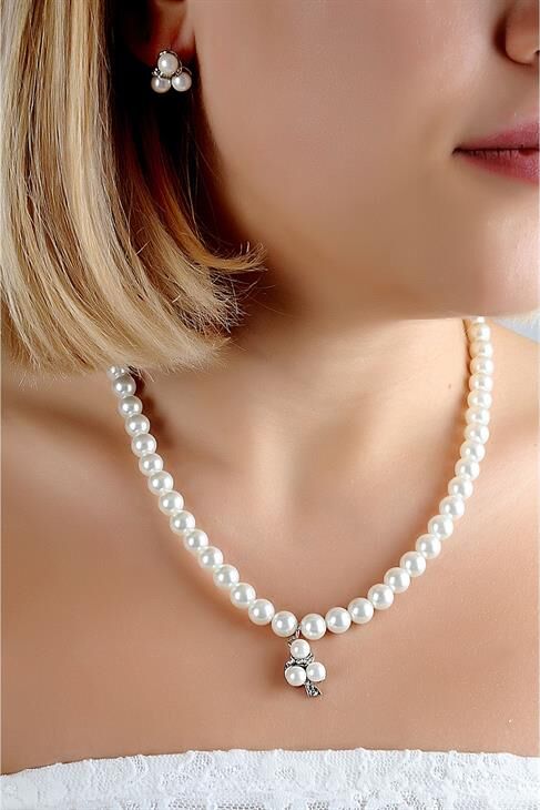 Özel Tasarımlı Inci Ve Zirkon Taşlı Kolye Küpe Takı Set