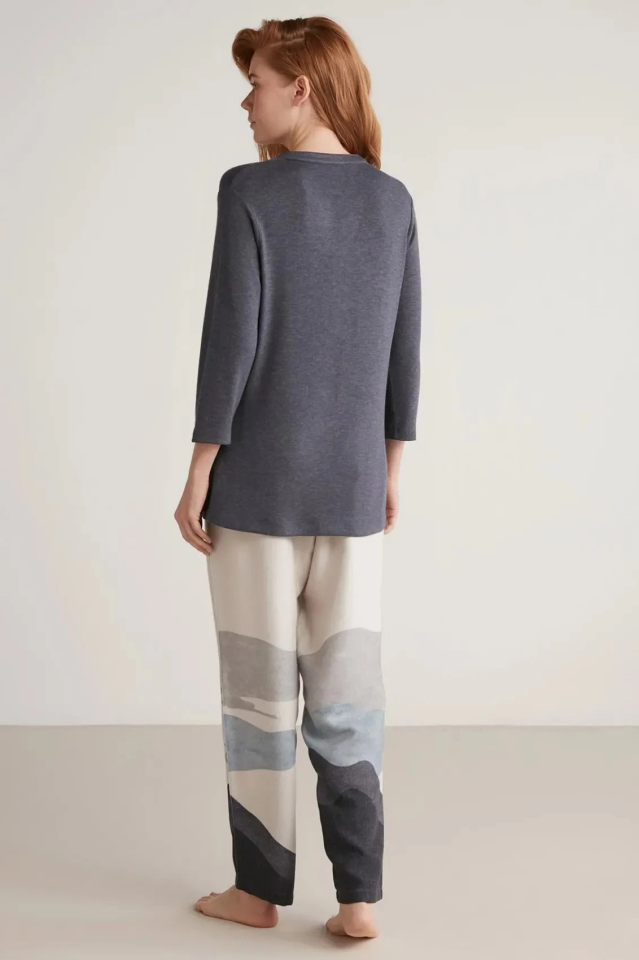 Nautıca W604 Kadın Patlı V Yaka Uzun Kollu Pijama Takımı