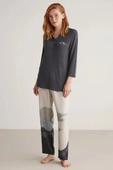 Nautıca W604 Kadın Patlı V Yaka Uzun Kollu Pijama Takımı