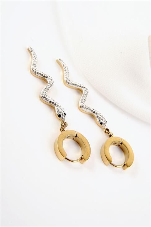 Yılan Tasarımlı Zirkon Taşlı Gold ve Gümüş Kaplamalı Çelik Sallantılı Küpe